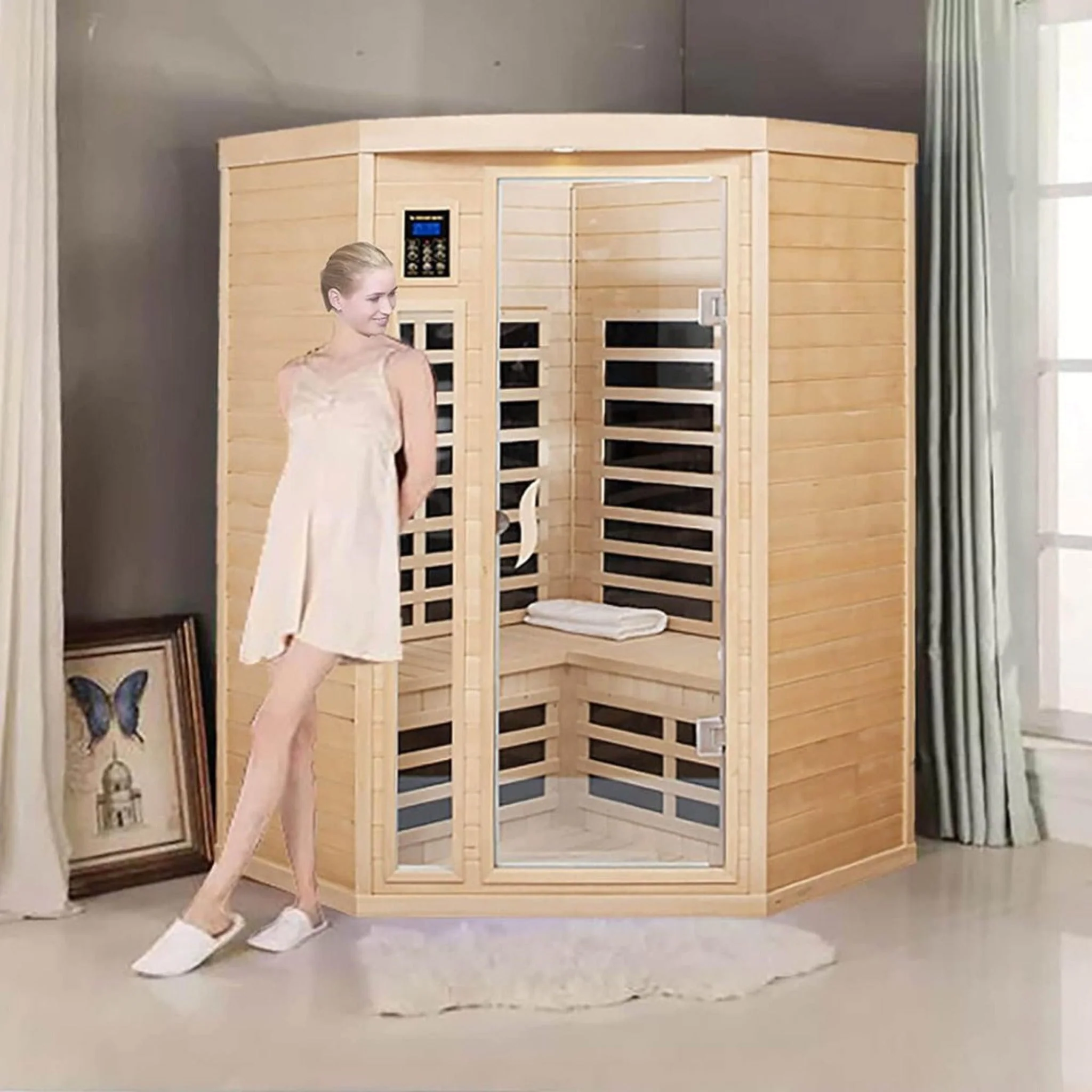 Thermora Premium 2-Person Corner Space Infrared Wooden Sauna Room With Bluetooth Speakers 1600W - Image 8