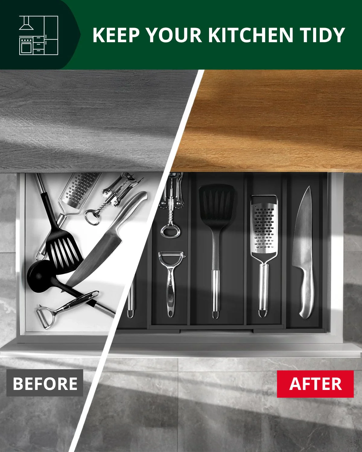 Utensil Drawer Organizer, Black (5 Slots) - Image 5