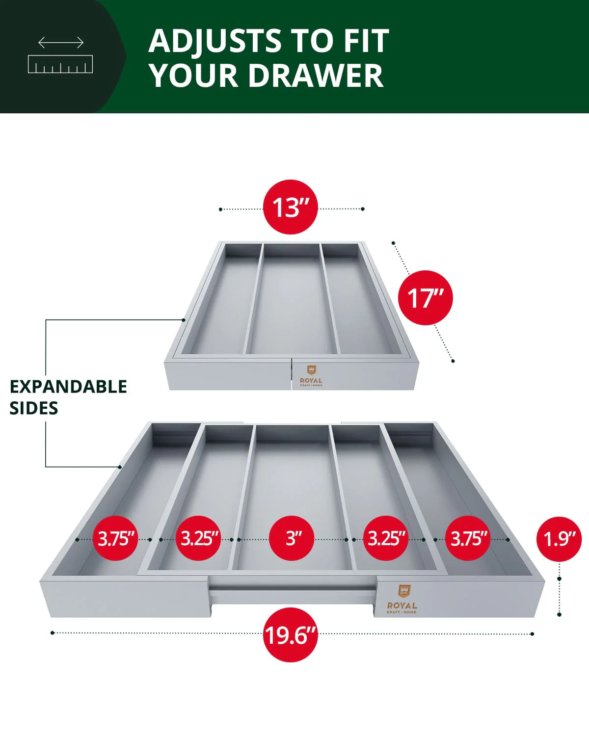Utensil Drawer Organizer, Gray (5 Slots) - Image 2